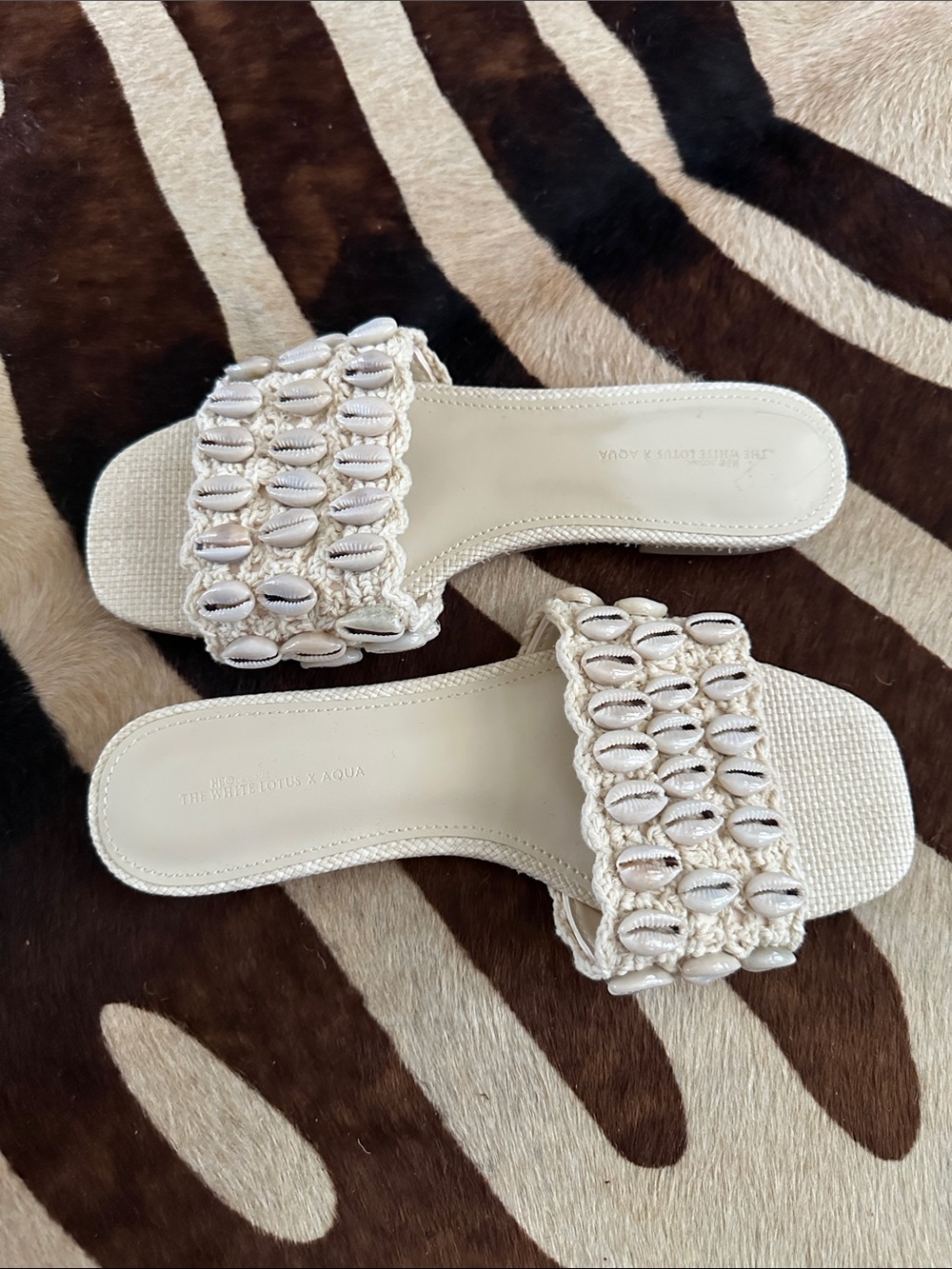 Aqua Cream Shell-Embellished Slide Sandals